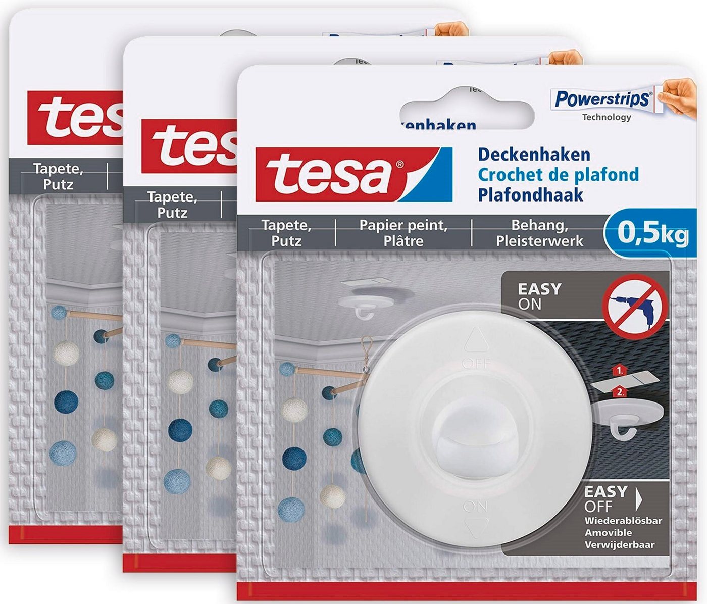 tesa Klebehaken POWERSTRIPS Deckenhaken mit max. 500g Haltekraft - Dekohaken, Dekoration, Mobilé, (Spar-Set, 3-St., inkl. Powerstrips), Klebenagel - POWERSTRIPS Doppelseitig - Tapete & Putz - 3er Pack von tesa