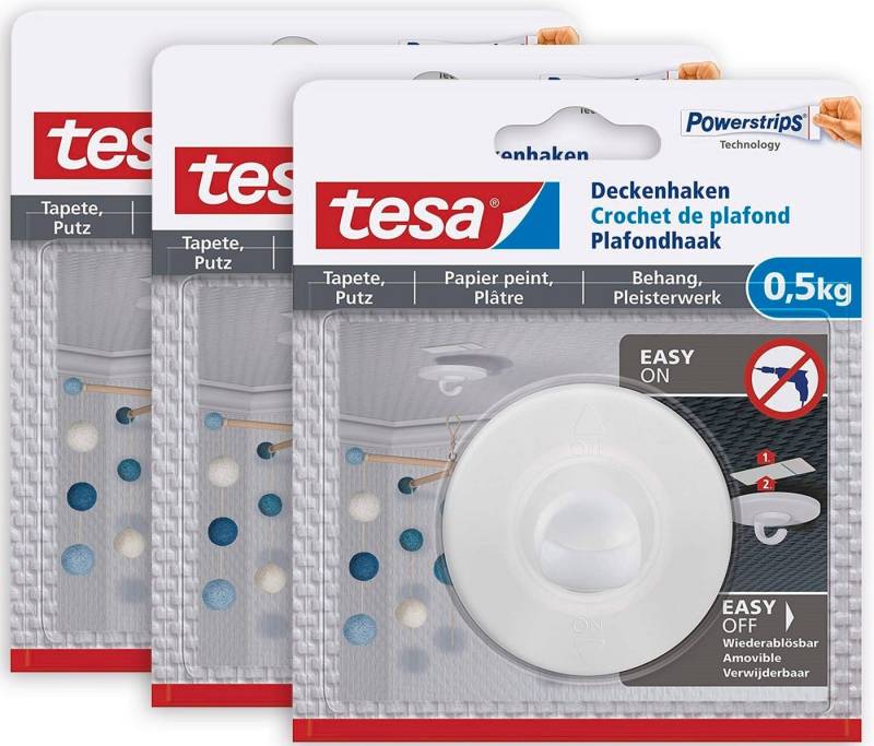 tesa Klebehaken POWERSTRIPS Deckenhaken mit max. 500g Haltekraft - Dekohaken, Dekoration, Mobilé, (Spar-Set, 3-St., inkl. Powerstrips), Klebenagel - POWERSTRIPS Doppelseitig - Tapete & Putz - 3er Pack von tesa
