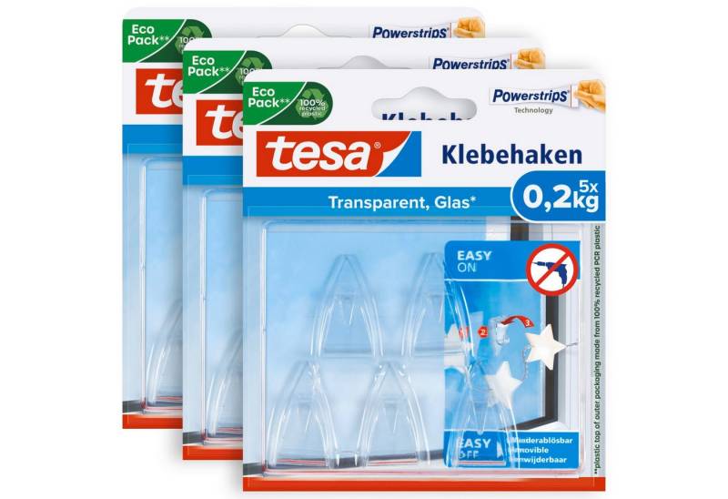 tesa Klebehaken POWERSTRIPS Doppelseitige Klebestreifen mit Bilderhaken, für Deko an Glas und Spiegel, (Spar-Set, 15-St., 3 x 5 tesa Powerstrips® Deko Haken), Transparente Klebepads - 3er Pack á 5 Dekohaken - je max. 200 g von tesa