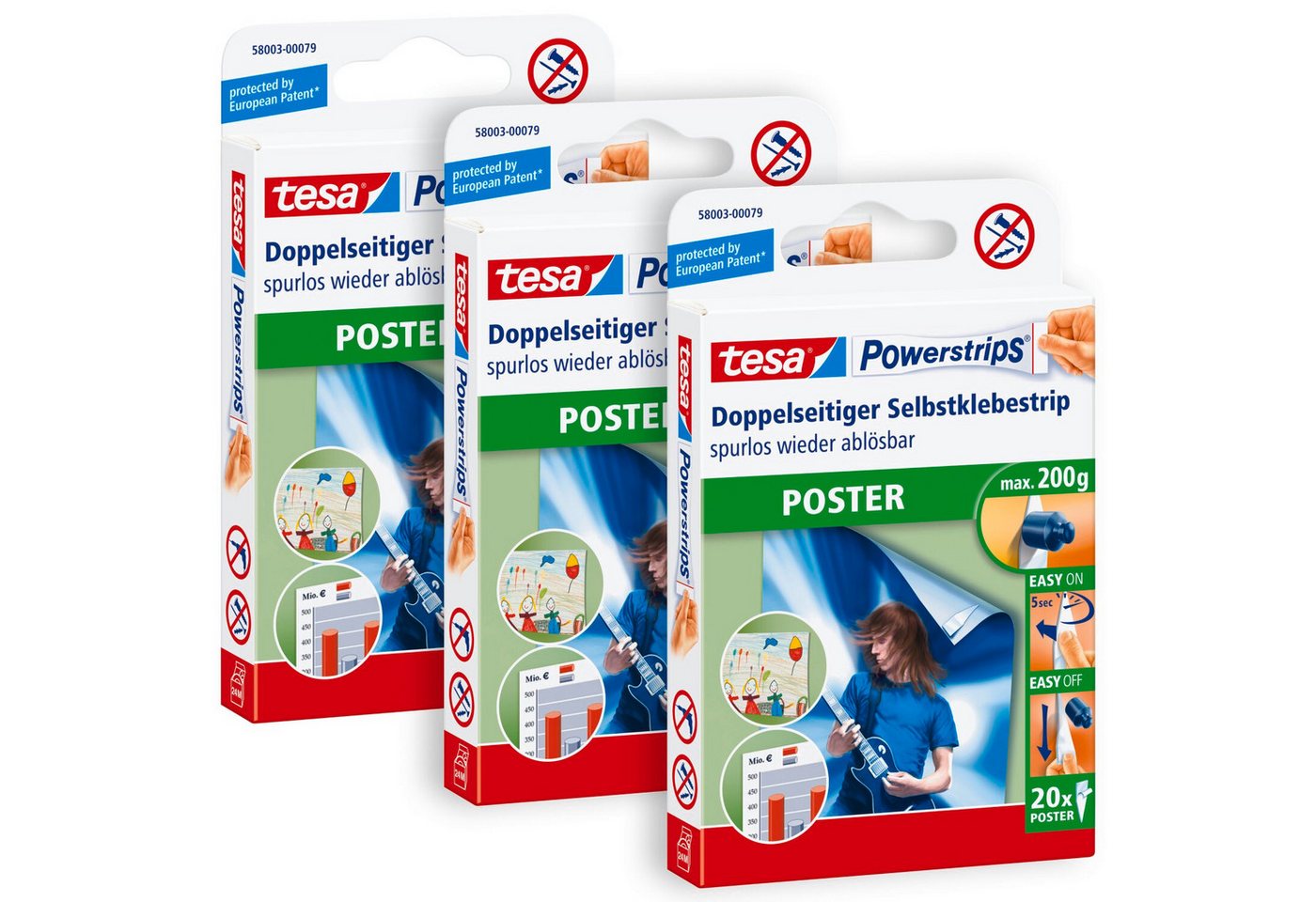 tesa Klebehaken POWERSTRIPS Poster Doppelseitige Klebestreifen, (Spar-Set, 60-St., 3 x 20 tesa Powerstrips® Poster), Klebepads mit max. 200 g Haltekraft - 3er Pack - je 20 Stück von tesa