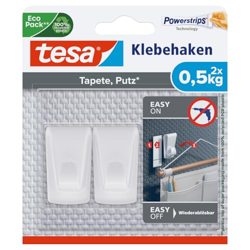 tesa Klebehaken Tapeten & Putz - selbstklebender Haken - ideal zur Befestigung von Girlanden & Lichterketten - hält bis zu 0,5kg/Haken - spurlos ablösbar von tesa