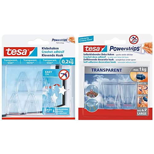 tesa Klebehaken für transparente Oberflächen und Glas (0,2 kg), 5-er Pack & Klebehaken für transparente Oberflächen und Glas (1 kg) - Durchsichtige, selbstklebende Haken, 2-er Pack von tesa