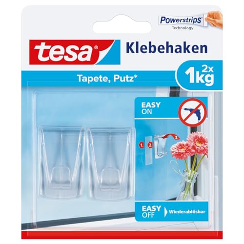 tesa Klebehaken für transparente Oberflächen und Glas (1 kg) - Durchsichtige, selbstklebende Haken - Bis zu 1 kg Halteleistung pro Haken, 2-er Pack von tesa