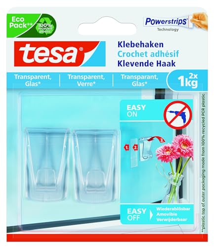 tesa Klebehaken für transparente Oberflächen und Glas (1 kg) - Durchsichtige, selbstklebende Haken - Bis zu 1 kg Halteleistung pro Haken, 2-er Pack von tesa