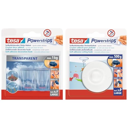 tesa Klebehaken für transparente Oberflächen und Glas (1 kg) - Durchsichtige, selbstklebende Haken & Powerstrips Deckenhaken - Selbstklebender, drehbarer Haken von tesa