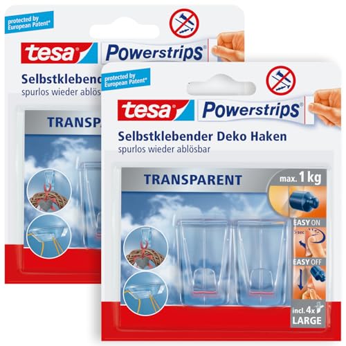 tesa Klebehaken für transparente Oberflächen und Glas (1 kg) im 2er Pack - Durchsichtige, selbstklebende Haken - Bis zu 1 kg Halteleistung pro Haken, 2 x 2-er Pack von tesa