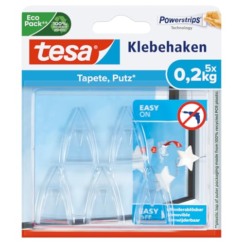 tesa Klebehaken für transparente Oberflächen und Glas (0,2 kg) - Durchsichtige, selbstklebende Haken - Bis zu 0,2 kg Halteleistung pro Haken, 5-er Pack von tesa