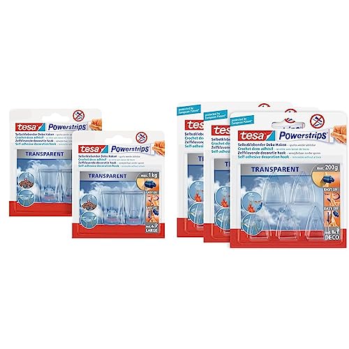 tesa Klebehaken für transparente Oberflächen und Glas im 2er Pack - Durchsichtige, selbstklebende Haken - Bis zu 1 kg Halteleistung pro Haken & Powerstrips DECO Haken SMALL im 3er Pack von tesa