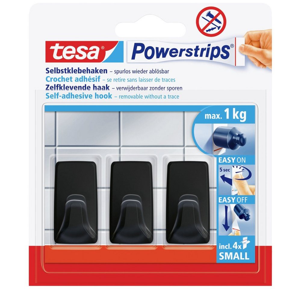 tesa Klebehaken tesa Black Hooks S Powerstrips Klebehaken Small Eckig (B x H) 14 mm x, (Black Hooks S) von tesa