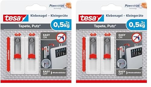 tesa Klebenägel Tapeten & Putz - höhen- und seitenverstellbar - selbstklebend - ideal für WLAN Router - Halteleistung 0,5kg/Nagel - spurlos ablösbar (Packung mit 2) von tesa