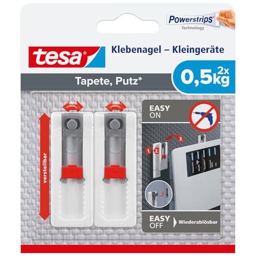 tesa Klebenägel Tapeten & Putz - höhen- und seitenverstellbar - selbstklebend - ideal für WLAN Router - Halteleistung 0,5kg/Nagel - spurlos ablösbar von tesa