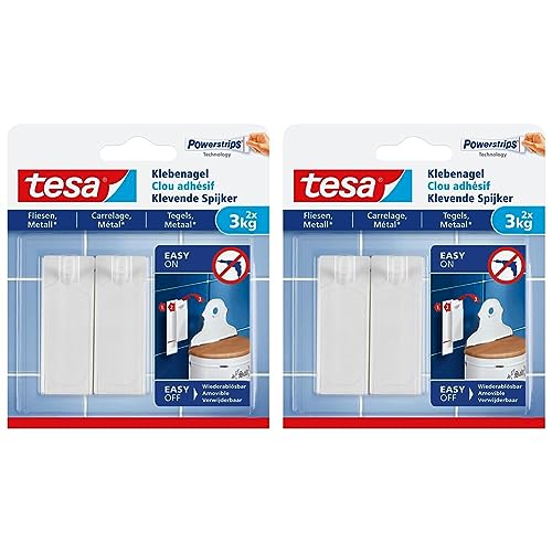 tesa Klebenagel Fliesen&Metall, 2er Set - Klebenagel für glatte und feste Oberflächen in Badezimmer und Küche, 3 kg Haltekraft - ablösbar und wiederverwendbar - 2 Stück (Packung mit 2) von tesa