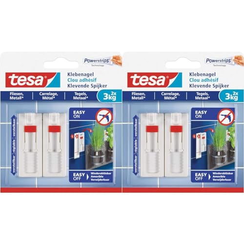 tesa Klebenagel Fliesen&Metalll, verstellbar, 2 Stück - anpassbarer Klebenagel für glatte und feste Oberflächen in Bad und Küche, 3 kg Haltekraft - ablösbar und wiederverwendbar (Packung mit 2) von tesa