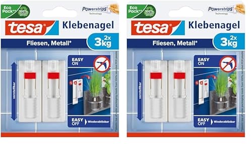 tesa Klebenagel Fliesen&Metalll, verstellbar, 2 Stück - anpassbarer Klebenagel für glatte und feste Oberflächen in Bad und Küche, 3 kg Haltekraft - ablösbar und wiederverwendbar (Packung mit 2) von tesa