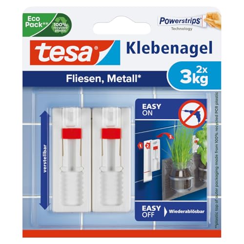 tesa Klebenagel Fliesen&Metalll, verstellbar, 2 Stück - anpassbarer Klebenagel für glatte und feste Oberflächen in Bad und Küche, 3 kg Haltekraft - ablösbar und wiederverwendbar von tesa