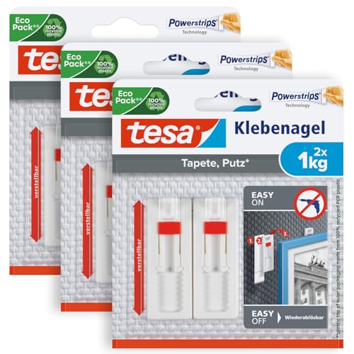 tesa Klebenagel Tapeten & Putz 1kg im 3er Pack - höhenverstellbar - selbstklebender Nagel - ideal für Leinwand & Keilrahmen - hält bis 1kg/Nagel - spurlos ablösbar von TESA