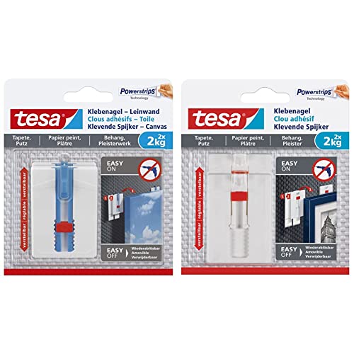 tesa Klebenagel Tapeten und Putz - höhenverstellbar Weiß & Verstellbarer Klebenagel für Tapeten und Putz 2 kg - Höhenverstellbarer, selbstklebender Wandnagel - 2-er Pack von tesa