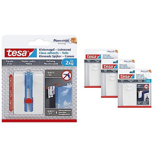 tesa Klebenagel Tapeten und Putz - höhenverstellbar - selbstklebender Nagel - Halteleistung 2x 2kg/Nagel - Weiß & Klebenagel für Tapeten und Putz 2kg im 3er Pack - 3 x 2 Klebängel von tesa