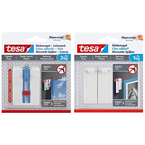 tesa Klebenagel Tapeten & Putz - höhenverstellbar - selbstklebender Nagel & Klebenagel für Tapeten und Putz 1kg - Selbstklebende Nägel für empfindliche Oberflächen - rückstandslos - 2 Klebenägel von tesa