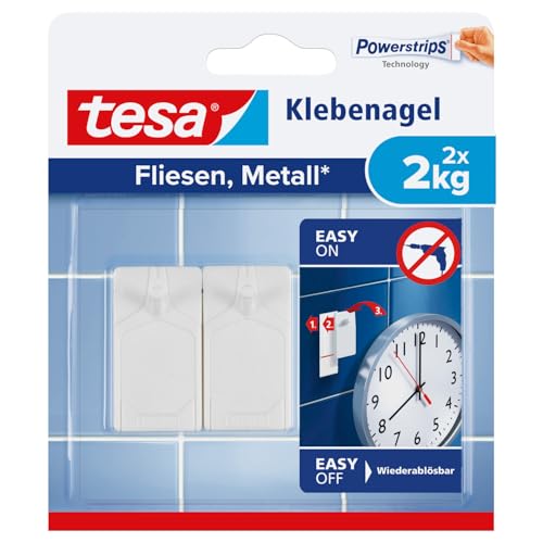 tesa Klebenagel Fliesen&Metall, 2er Set - Klebenagel für glatte und feste Oberflächen in Badezimmer und Küche, 2 kg Haltekraft - ablösbar und wiederverwendbar - 2 Stück tesa Klebenagel Fliesen&Metall, 2er Set - Klebenagel für glatte und feste Oberflächen in Badezimmer und Küche, 2 kg Haltekraft - ablösbar und wiederverwendbar - 2 Stück von tesa