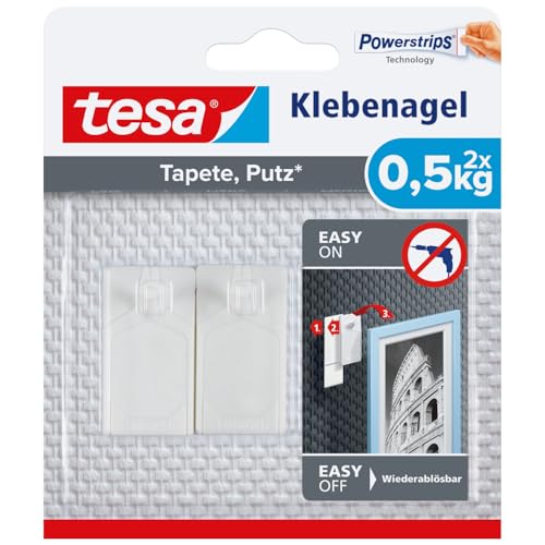 tesa Klebenagel für Tapeten und Putz 0,5kg - Selbstklebende Nägel für empfindliche Oberflächen - rückstandslos - Bis zu 0,5 kg Halteleistung pro Nagel - 2 Klebenägel von tesa