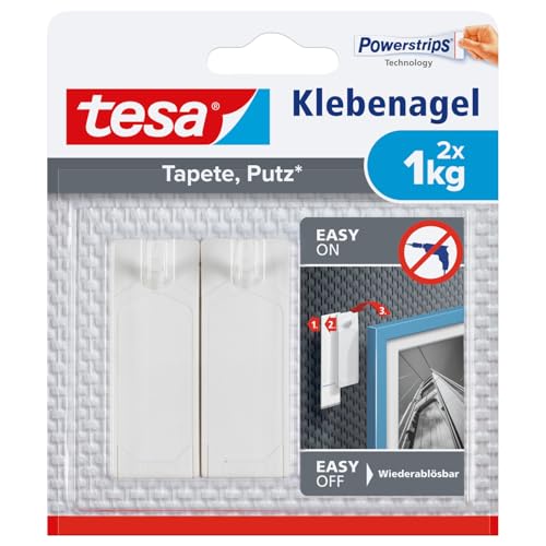 tesa Klebenagel für Tapeten und Putz 1kg - Selbstklebende Nägel für empfindliche Oberflächen - rückstandslos - Bis zu 1 kg Halteleistung pro Nagel - 2 Klebenägel von tesa
