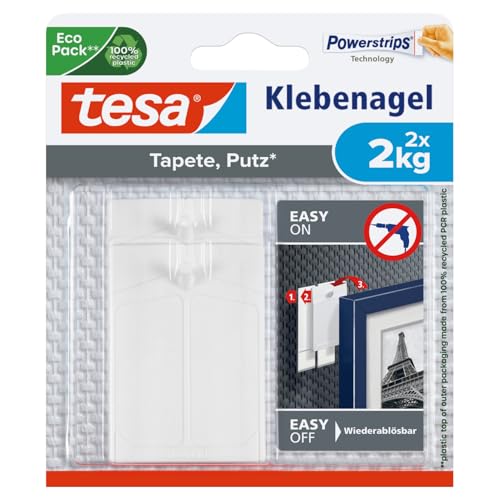 tesa Klebenagel für Tapeten und Putz / Selbstklebende Nägel für empfindliche Oberflächen / Leicht anzubringen und zu entfernen - rückstandslos / 2 x 2kg Halteleistung von tesa