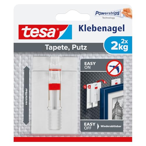 tesa Verstellbarer Klebenagel für Tapeten und Putz 2 kg - Höhenverstellbarer, selbstklebender Wandnagel - Bis zu 2 kg Halteleistung pro Nagel - 2-er Pack von tesa