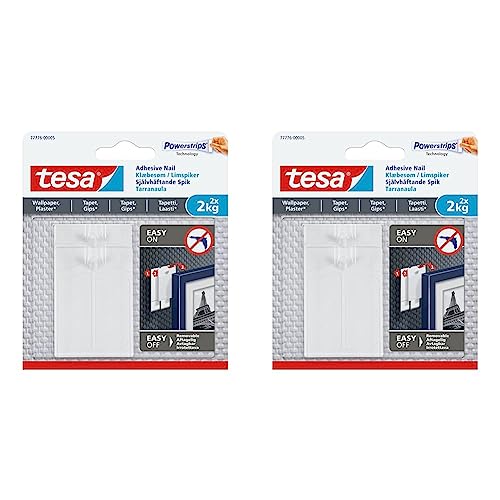 tesa Klebenagel für Tapeten und Putz / Selbstklebende Nägel für empfindliche Oberflächen / Leicht anzubringen und zu entfernen - rückstandslos / 2 x 2kg Halteleistung (Packung mit 2) von tesa