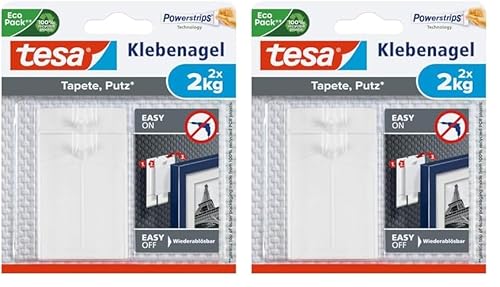 tesa Klebenagel für Tapeten und Putz / Selbstklebende Nägel für empfindliche Oberflächen / Leicht anzubringen und zu entfernen - rückstandslos / 2 x 2kg Halteleistung (Packung mit 2) von tesa