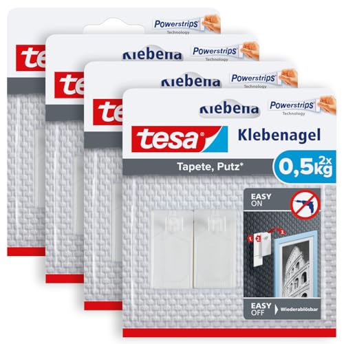 tesa Klebenagel für Tapeten und Putz 0,5kg im 4er Pack - Selbstklebende Nägel für empfindliche Oberflächen - rückstandslos - Bis zu 0,5 kg Halteleistung pro Nagel - 4x 2 Klebenägel von tesa