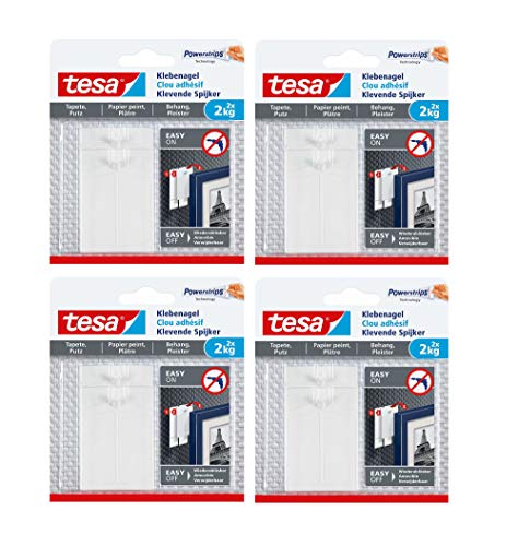 tesa Klebenagel für Tapeten und Putz - Selbstklebender Wandhaken - 8 Stück - 2 kg Halteleistung pro Nagel von tesa