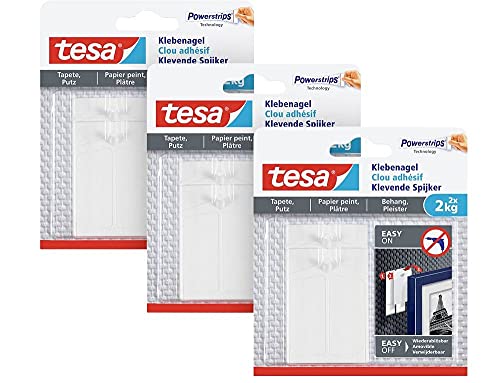 tesa Klebenagel für Tapeten und Putz - Selbstklebende Nägel für empfindliche Oberflächen - rückstandslos - bis zu 2kg Halteleistung pro Nagel - 2kg (3er pack) von tesa