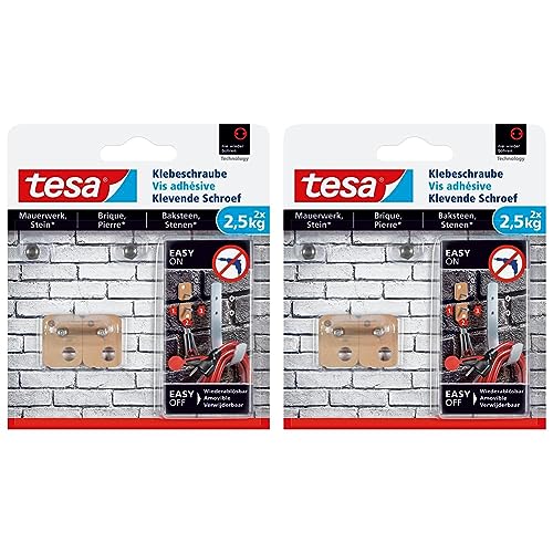 tesa Klebeschraube für Mauerwerk und Stein, Halteleistung 2,5 kg, vierckig, 2 Stück (Packung mit 2) von tesa