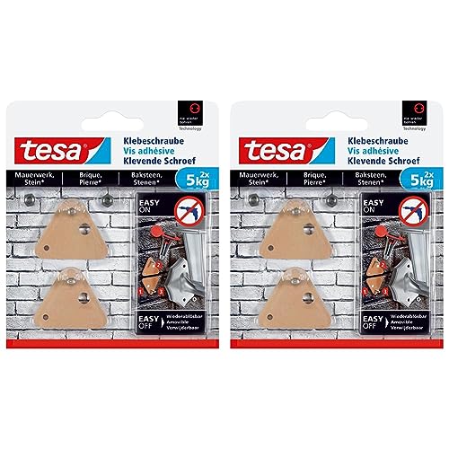 tesa Klebeschraube für Mauerwerk und Stein, Halteleistung 5 kg, dreieckig, 2 Stück (Packung mit 2) von tesa