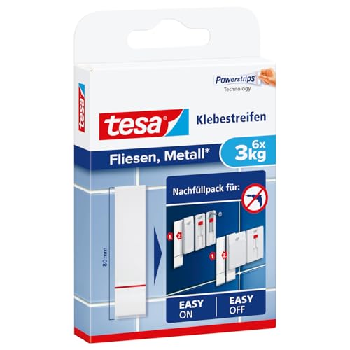 tesa Powerstrips Klebestreifen für Fliesen und Metall 3 kg - Doppelseitige Streifen für feste, glatte Flächen - Bis zu 3 kg Halteleistung pro Streifen - 6 Stück von tesa