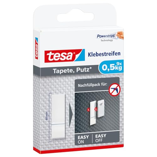 tesa Powerstrips Tapete&Putz - doppelseitige Klebestreifen für Tapete und Gips - Ersatz-Klebestreifen für den tesa Klebenagel - Haltekraft 0,5 kg/Nagel - 1 x 9 Streifen von tesa