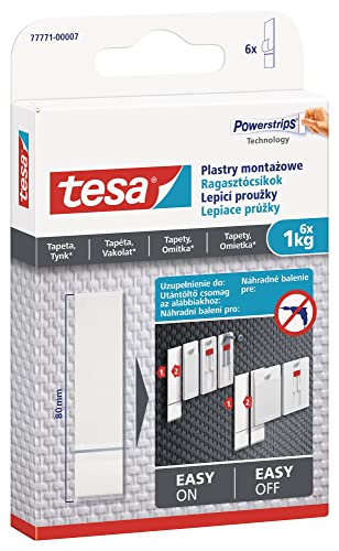 tesa Powerstrips Tapete&Putz - doppelseitige Klebestreifen für Tapete und Gips - Ersatz-Klebestreifen für den tesa Klebenagel - Haltekraft 6x1KG von tesa