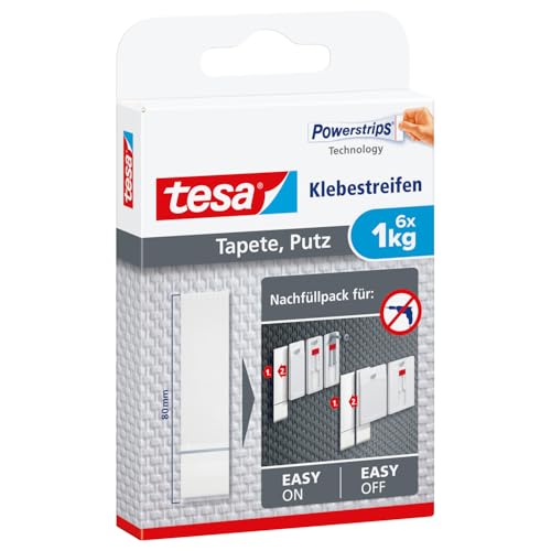 tesa Powerstrips Tapete&Putz - doppelseitige Klebestreifen für Tapete und Gips - Ersatz-Klebestreifen für den tesa® Klebenagel - Haltekraft 1,0 kg/Nagel - 1 x 6 Streifen von tesa