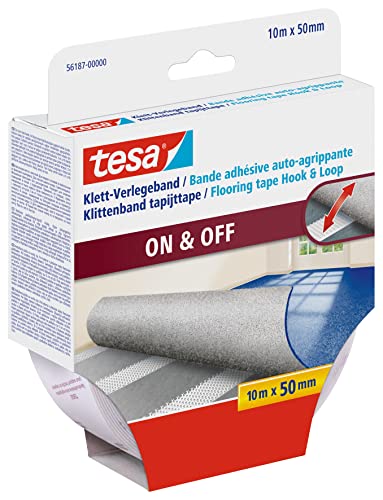 tesa Klett-Verlegeband On & Off - selbstklebendes Klettband zum Verlegen von Teppichen - rutschfest, für Feuchträume und Fußbodenheizung geeignet - 10 m x 50 mm - transparent von tesa