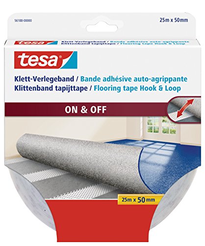 tesa Klett-Verlegeband On & Off - selbstklebendes Klettband zum Verlegen von Teppichen - rutschfest, für Feuchträume und Fußbodenheizung geeignet - 25 m x 50 mm - transparent von tesa