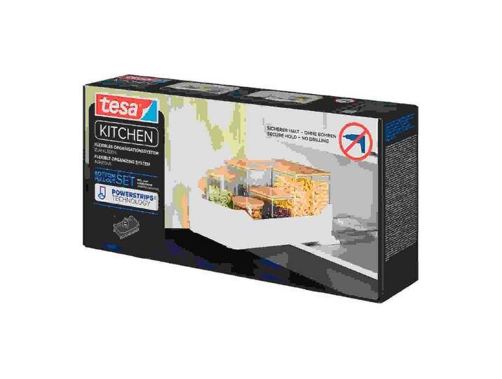 tesa Küchenorganizer-Set Pull Out ausziehbare Küchen-Schublade, Bodenauszug für Küchenschränke, (Pull Out ausziehbare Küchen-Schublade, 2x Auszugsschienen, 1x Regalboden, 5x Powerstrips-Blätter, uvm., 8-tlg., 2x Auszugsschienen, 1x Regalboden, 5x Powerstrips-Blätter, uvm), selbstklebende Schubladenschienen für den Küchenschrank von tesa