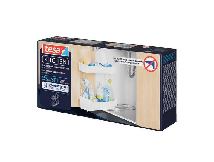 tesa Küchenorganizer-Set Pull Out ausziehbare Küchen-Schublade, Seitenauszug für Küchenschränke, (10-tlg., 2x Auszugsschienen, 1x Regalboden, 2x Boxen, 5x Powerstrips, uvm), selbstklebende Schubladenschienen für den Küchenschrank von tesa