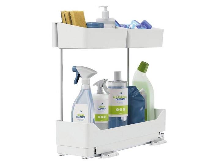 tesa Küchenorganizer-Set Pull Out ausziehbare Küchen-Schublade, Seitenauszug für Küchenschränke, (10-tlg., 2x Auszugsschienen, 1x Regalboden, 2x Boxen, 5x Powerstrips, uvm), selbstklebende Schubladenschienen für den Küchenschrank von tesa