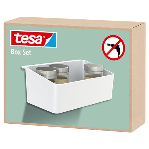 tesa Küchenzubehör Organizer - selbstklebende Box für mehr Ordnung in der Küche - als Küchenregal zur Aufbewahrung von Gewürzen - mit Adapter, Wandmontage ohne Bohren - Weiß von tesa