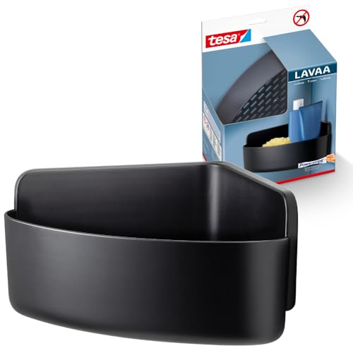 tesa Lavaa Eck-Duschkorb M, schwarz matt - Duschablage zur Wandmontage ohne Bohren, inkl Powerstrips Waterproof Strips XL - 200 mm x 120 mm x 200 mm von tesa