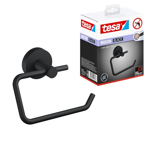 tesa Moon Black Toilettenpapierhalter, matt schwarz - Rollenhalter ohne Deckel für Bäder im Industrial Style und Moderne Badezimmer - bohrfrei, inkl. Klebelösung - 140 mm x 99 mm x 53 mm von tesa