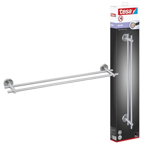 tesa Moon Doppel-Handtuchstange, verchromt - Badetuchhalter mit 2 Stangen - zur Wandbefestigung ohne Bohren, inkl. Klebelösung - 640mm x 49mm x 115mm von tesa