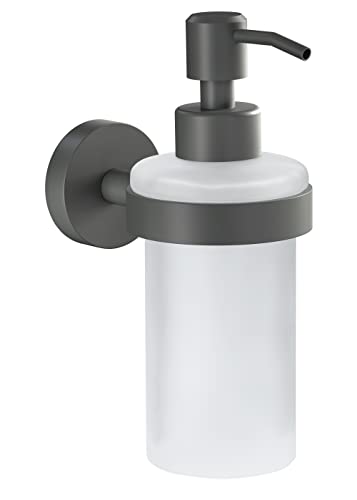 tesa MOON GREY Seifenspender, matt grau, Pumpspender aus satiniertem Glas, 200 ml - für Bäder im Industrial Style und moderne Badezimmer - bohrfrei, inkl. Klebelösung - 70mm x 171mm x 119mm von tesa