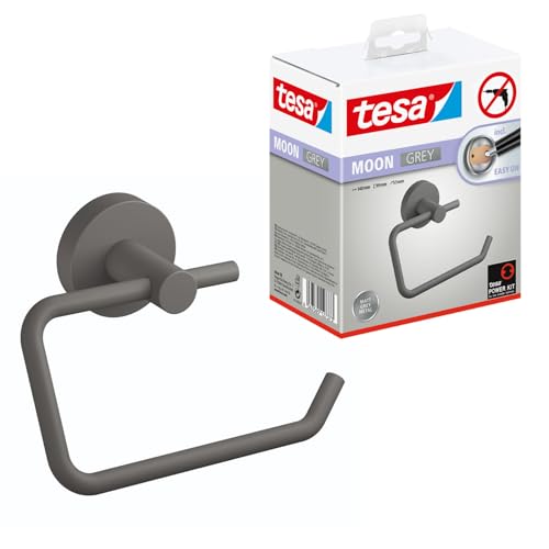 tesa Moon Grey Toilettenpapierhalter,matt grau - Rollenhalter ohne Deckel für Bäder im Industrial Style und Moderne Badezimmer - bohrfrei, inkl. Klebelösung - 140mm x 99mm x 53mm von tesa